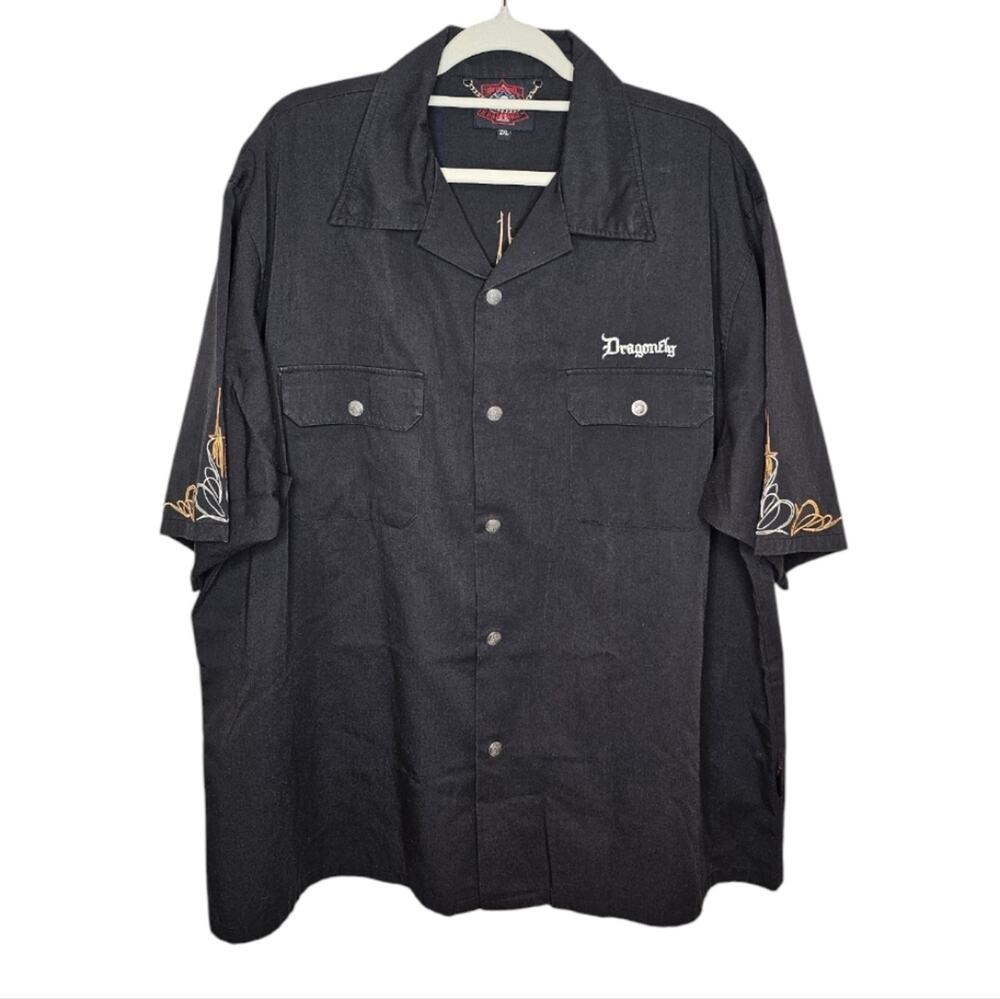Dragonfly Roadhouse Embroidered Snap Button Up Motorcycle Shirt Short Sleeve 2XL